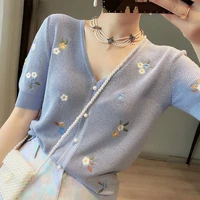 floral embroidery thin knitted cardigans sweaters summer women korean fashion v neck short sleeve single breasted ice silk tops
