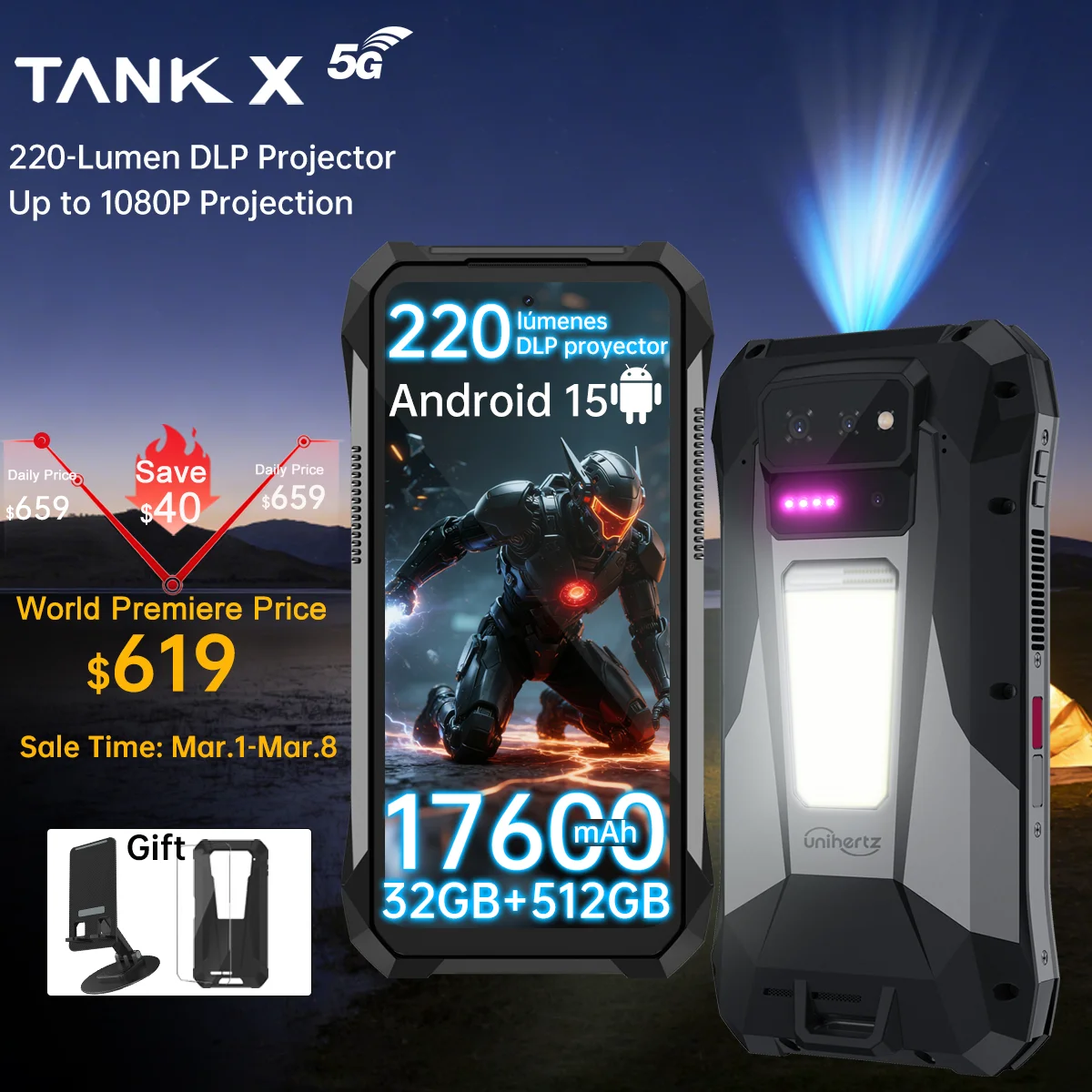 Фото Мировая премьера】Unihertz by 8849 TANK X: Защищенный смартфон 5G на Android 15 со встроенной проекцией 1080P 220 люмен, аккумулятором 17600 мАч и памятью 32+512 ГБ №1