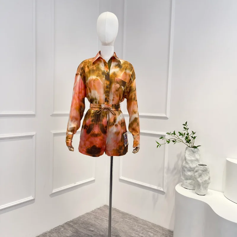 

2023 Tie-dye New Spring Summer High Quality Silk Casual Long Sleeve Turn-down Collar Blouse Belt Shorts Long Pants Woman Set