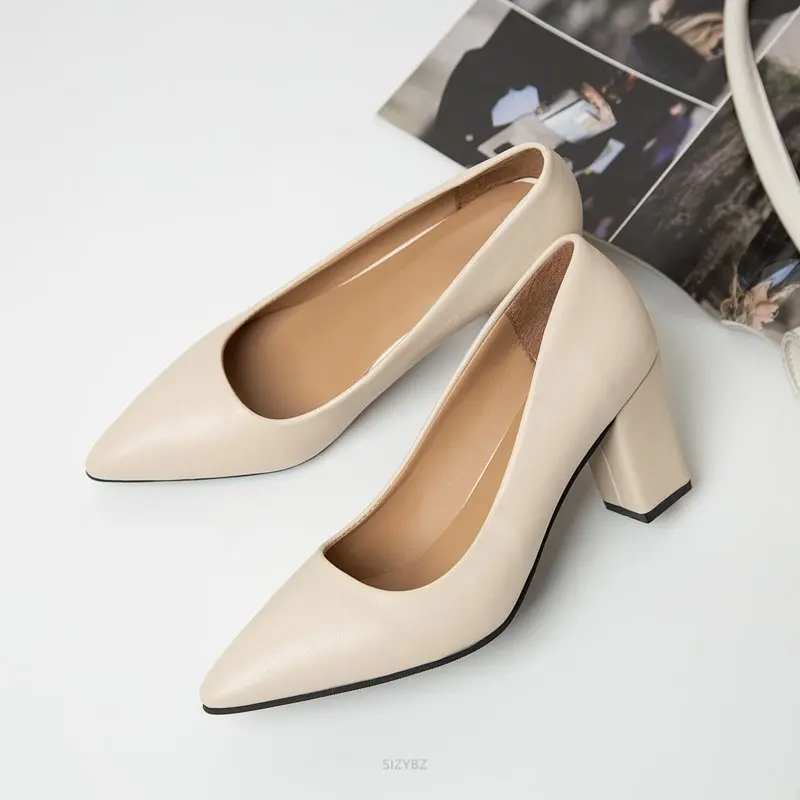 

New High Heels Pointed Pumps Women Shoes Closed Shallow Office Square Heel Heels Ladie Dress Party Slip-On Comfort Wedding Shoes
