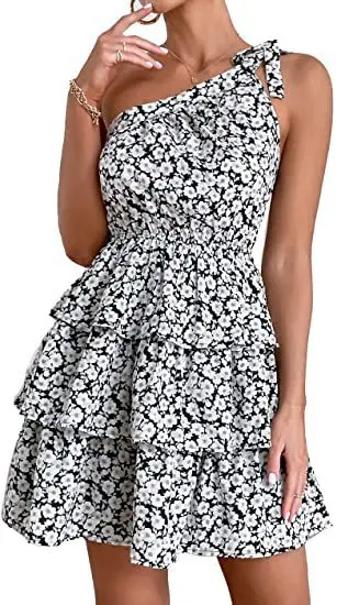 

Dresses Women Summer 2023 New Oblique Shoulder Sexy Beach Dress Printed Sleeveless Laced Dress Female