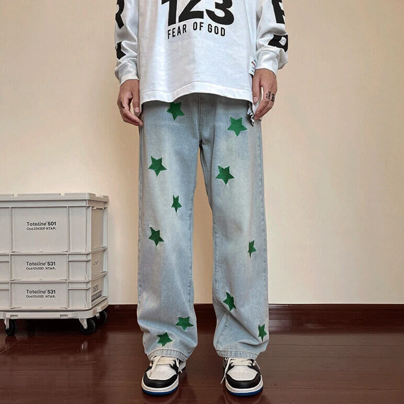 Mens Y2K Clothes Jeans Star Embroidery Denim Trousers  Streetwear Baggy Pants Casual Jean Vintage Hip Hop Wide Leg Pants Men