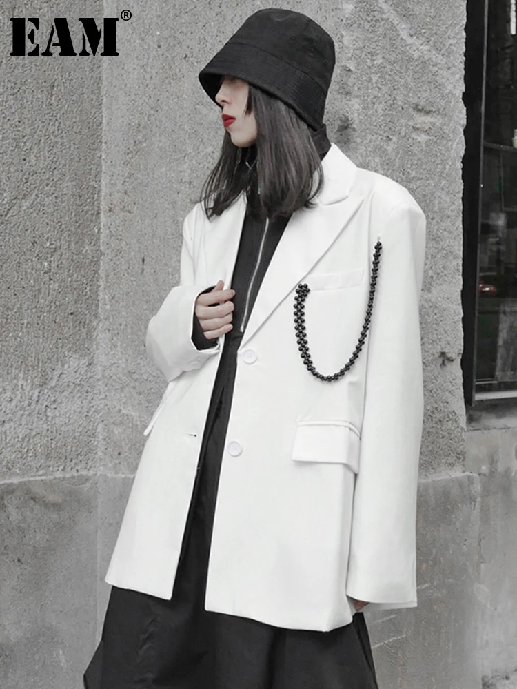 

[EAM] Women Chain Big Size Casual Black Blazer New Lapel Long Sleeve Loose Fit Jacket Fashion Tide Spring Autumn 2023 1DE480