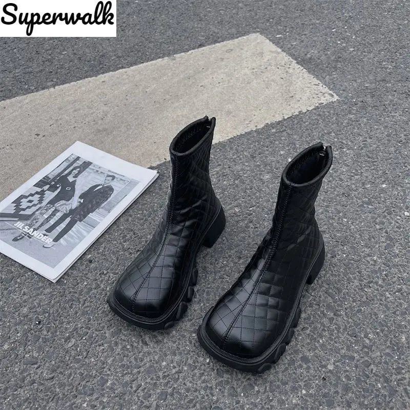 

Women Ankle Boots Square Toe Pu Leather Short Plush Ladies Shoes Winter Warm Zipper 2021 Fashion Female Short Boot Woman Boots
