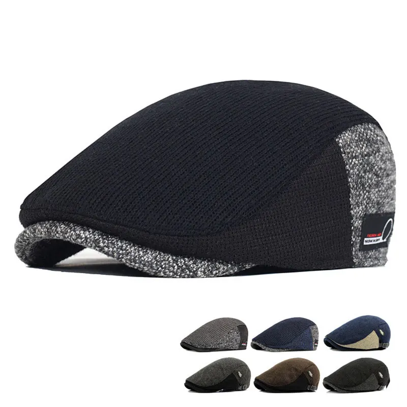 

Beret Hat Men Autumn Winter Warm Wool British Retro Knitted Cap Children Korean Version of The Trend Color Patchwork Forward Hat