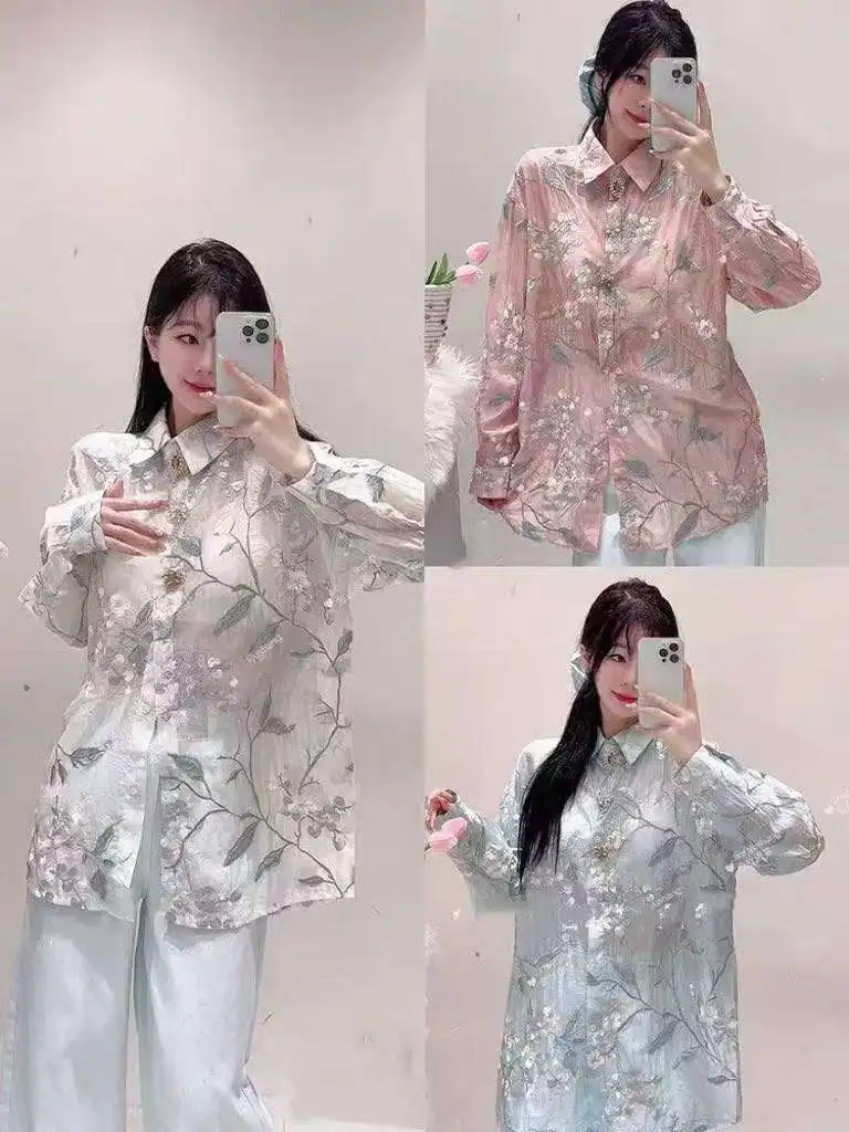 Свободные повседневные рубашки с цветочной вышивкой и пуговицами