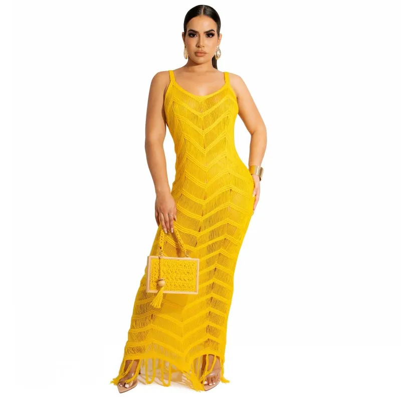 

Summer Maxi Dress Cover Up Women Spaghetti Strap With Tassel Robe Swimwear 2022 Fashion See Through Sexy Elegant Bikini Cover Up