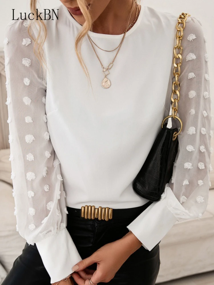 

Осенние Рубашки, повседневные топы, праздничные женские объемные шифоновые блузы в горошек с рукавами-фонариками, элегантная женская одежд...