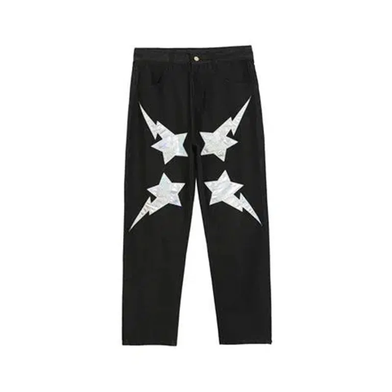 New American High Street Fashion Streetwear Lightning Love Patch Embroidery Harajuku Jeans Hip Hop Trousers Men Y2k Hot Sale