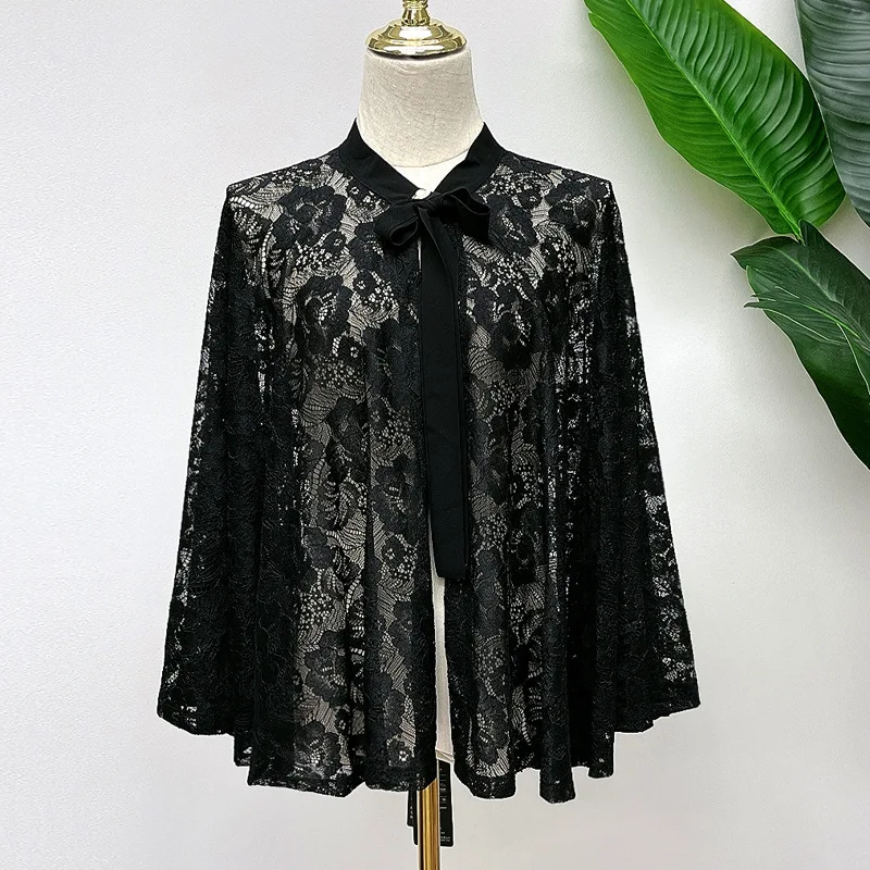 

2023 Spring Summer New Lady Cape Peony Flower pattern Shawl Sunscreen Hollow Outer Female Cloak Women Poncho Capes Black