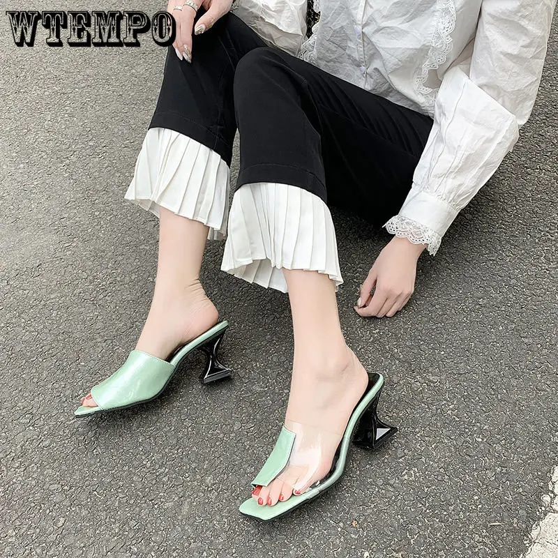 WTEMPO Women High Heels Shoes Patchwork Transparent Sandals Femmes Clear Square Open Toe Slides Wholesale Dropshipping