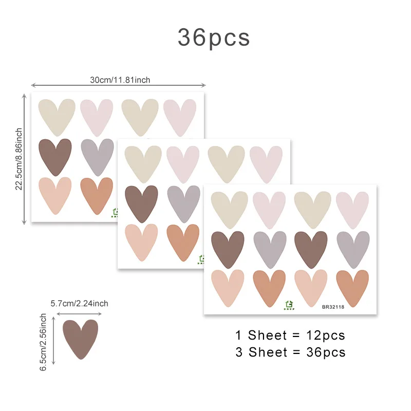 

36Pcs/3Sheets Bohemian Heart Shape Wall Stickers Poster Wall Decals for Living Room Bedroom Kids Room Home Decoration