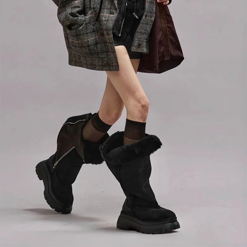 Зимние флисовые теплые меховые сапоги до колена для женщин 2025 г. нескользящие