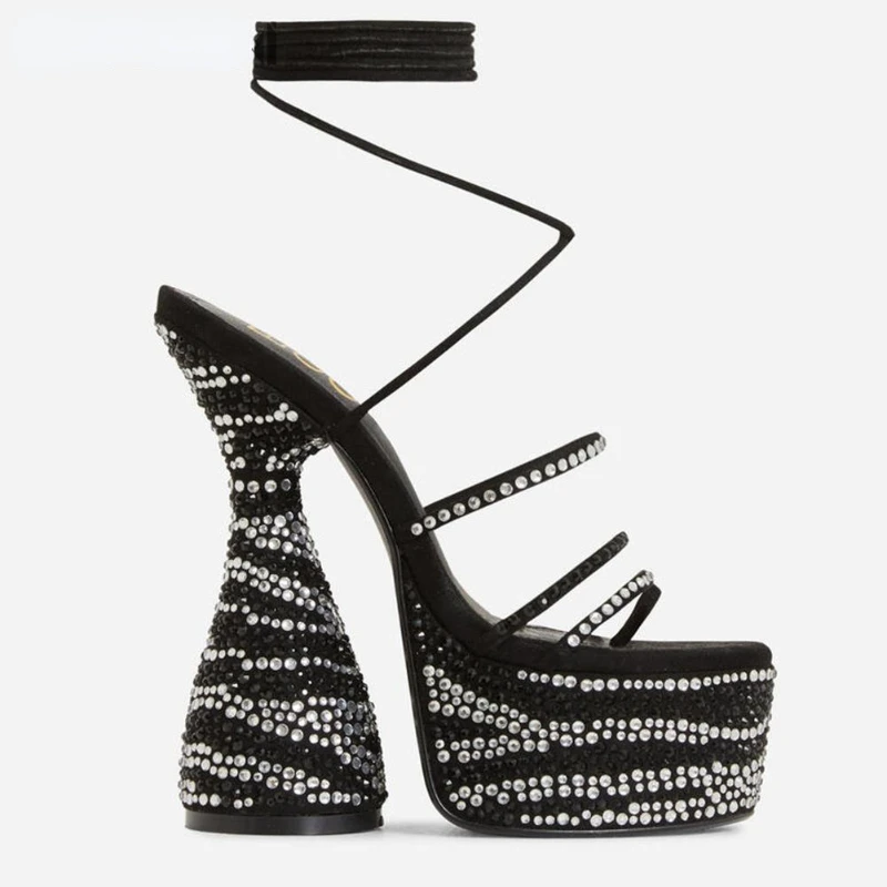 

New Brand Fashion Sexy Rhinestone Crystal Women's Sandals Large 35-42 Banquet HIGH HEELS ANKLE Lace Up Gladiator Women's Shoes