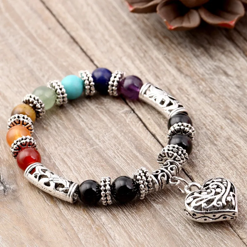 

New Women 8mm Bracelets Bangles 7 Chakra Healing Balance Beads Heart Charm Bracelet For Female Reiki Prayer Stones Jewelry