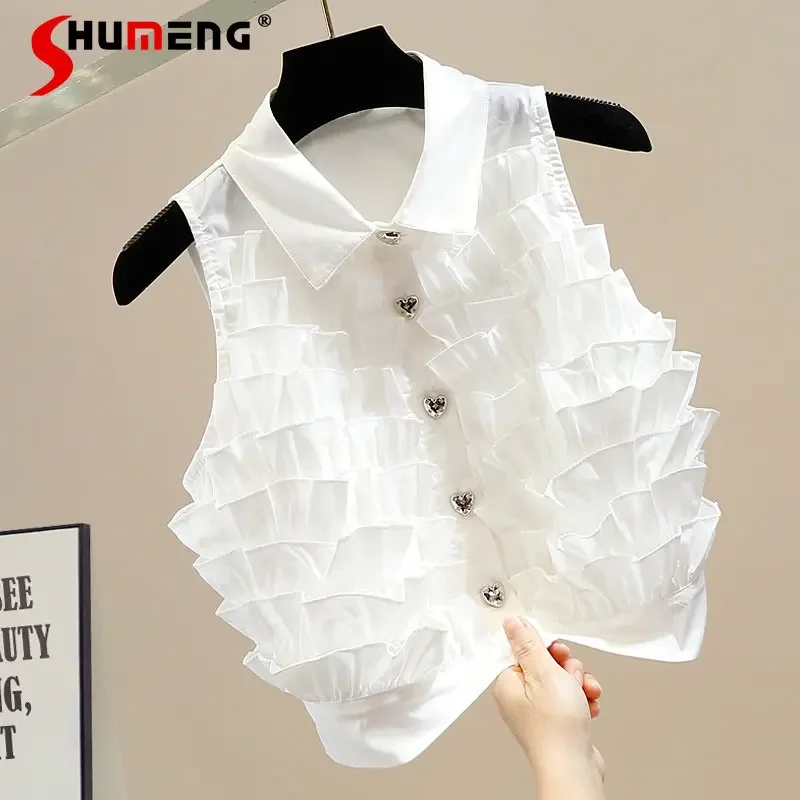 

Fashionable Pleated Sweet Stitching Crop Tops Heavy Industry Metal Heart Single-Breasted Slim-Fit Short Sleeveless Shirt