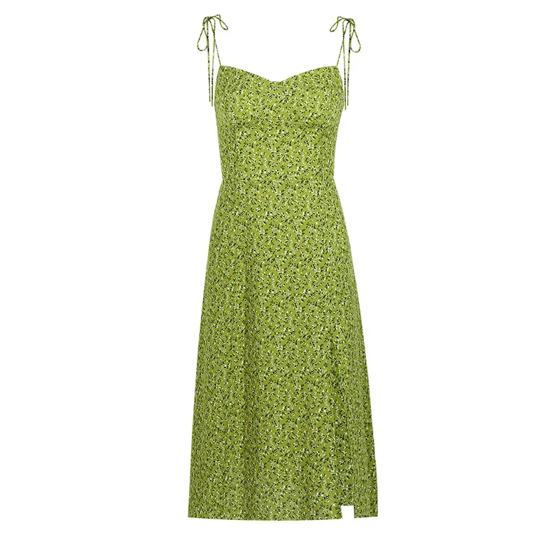 

Женское шифоновое платье-трапеция, зеленое платье на бретельках с цветочным принтом, V-образным вырезом, без рукавов, с разрезом на подоле, лето 2023