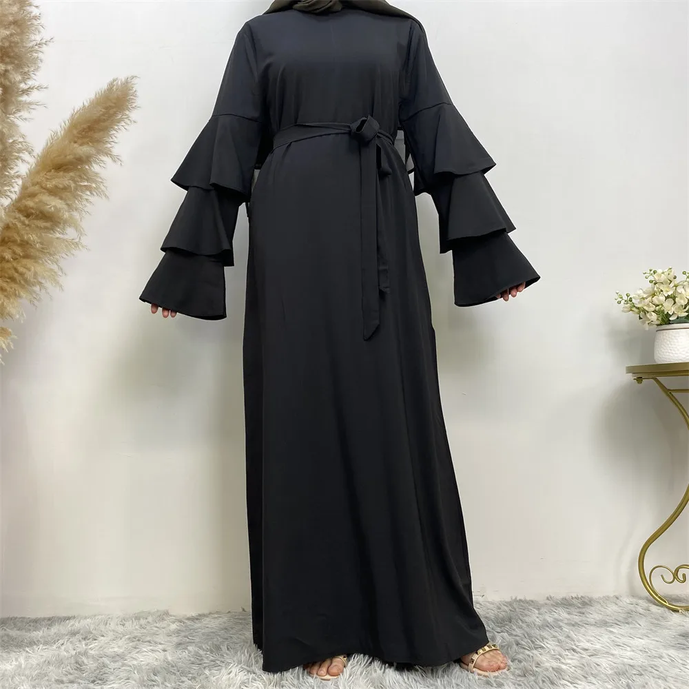 New Women's Round Neck Solid Color Versatile Loose Lacing Pile Sleeve Long Dress Women's Muslim Dress Robe Pour Femme Musulmane