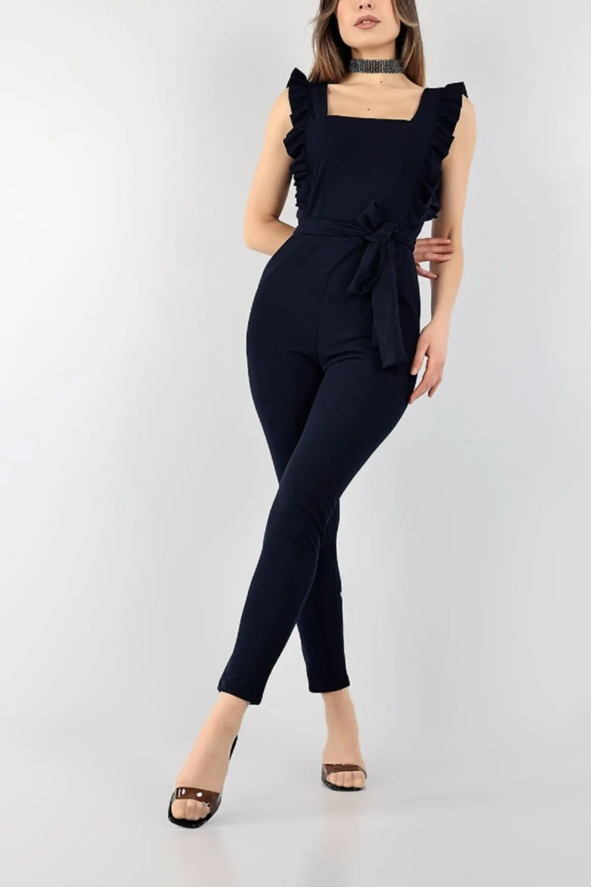 

Women's Overalls Navy Blue Belted Pocket Detail Crepe Long Length Q Hot Casual Fashion Jumpsuit