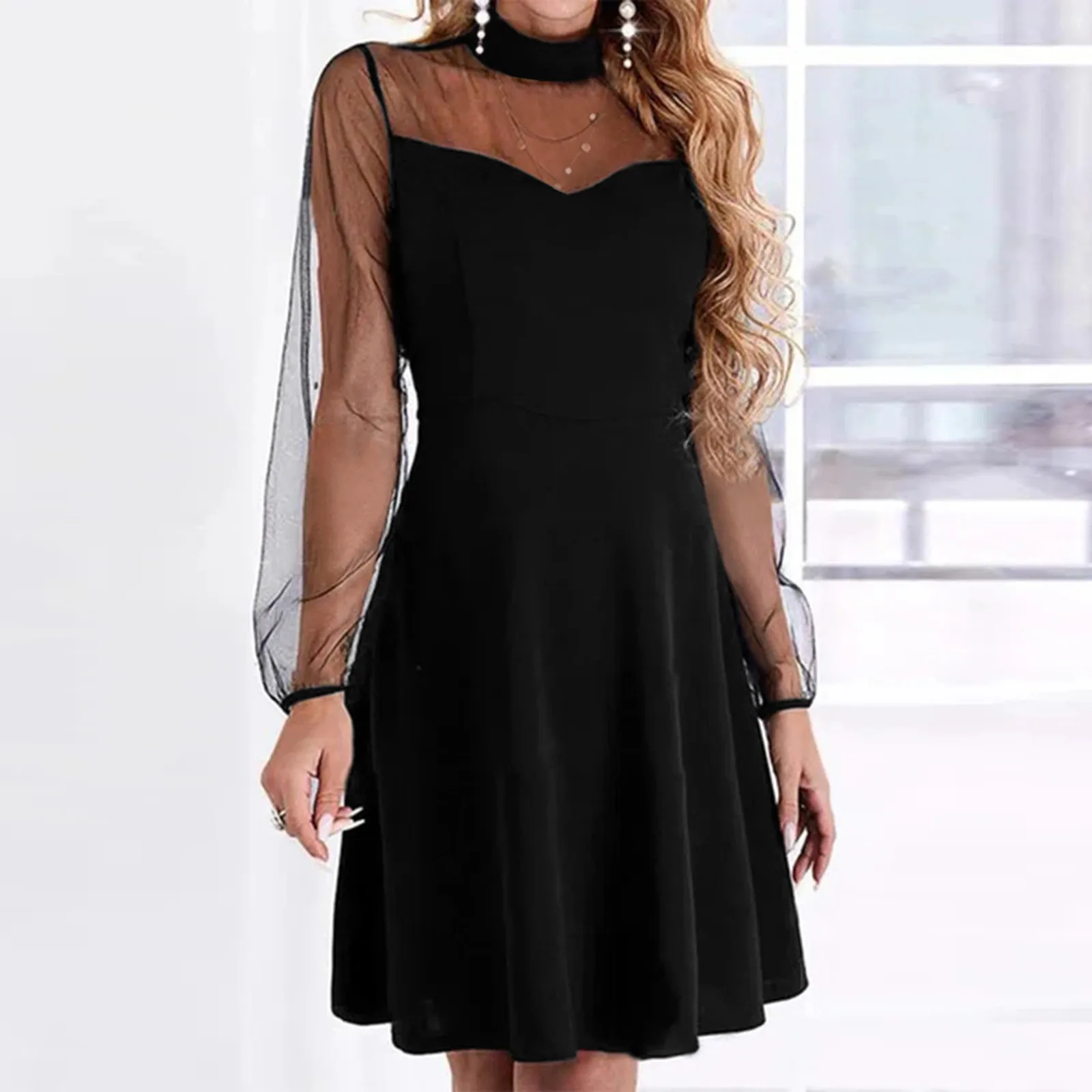 

Women Sexy Dress Elegant Slim Party Dress O-neck Printing Mesh Back Zipper Stitching Long Sleeve Dresses Cute Long Prom Dresses