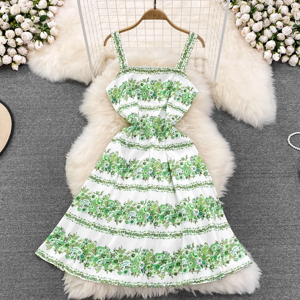 

Vintage Green Sling Dress French Retro Floral Suspender Dress Girls Summer High Quality Waist Thin Sleeveless Backless Dress