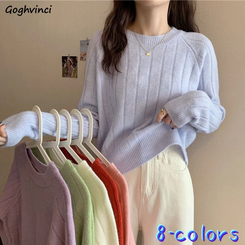 

Solid Knitted Pullovers Women Autumn Candy Colors O-neck Preppy Style Ulzzang Sweet Tender Popular All-match Cozy Cropped Chic