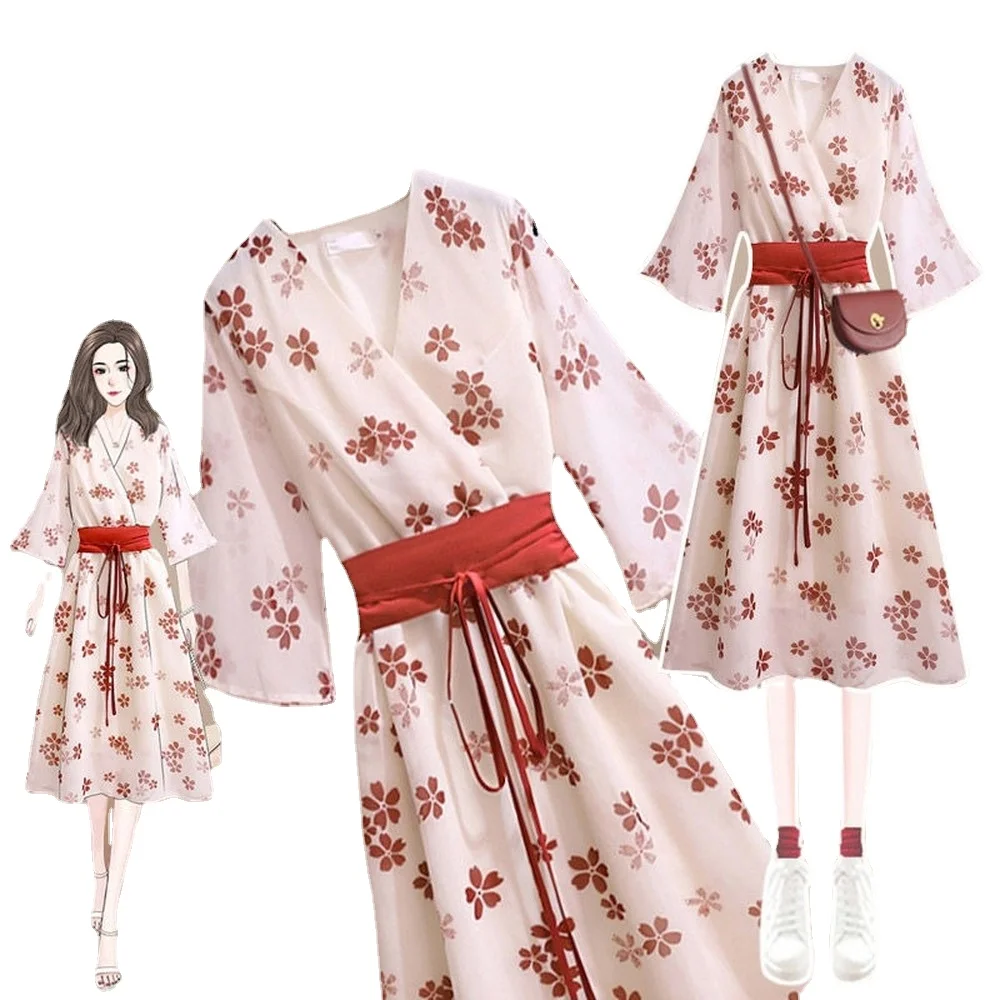 

Hanfu Improved Version Super Immortal Retro Chinese Style Broken Cherry Blossom Dress Belt Waist Strap Thin Medium Length Skirt