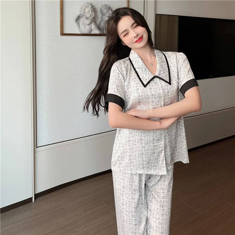 Summer Women's Ice Silk Short Sleeve Trousers Button Cardigan Pajamas Sets Inlaid Color Classic Style Sweet Elegance Houndstooth