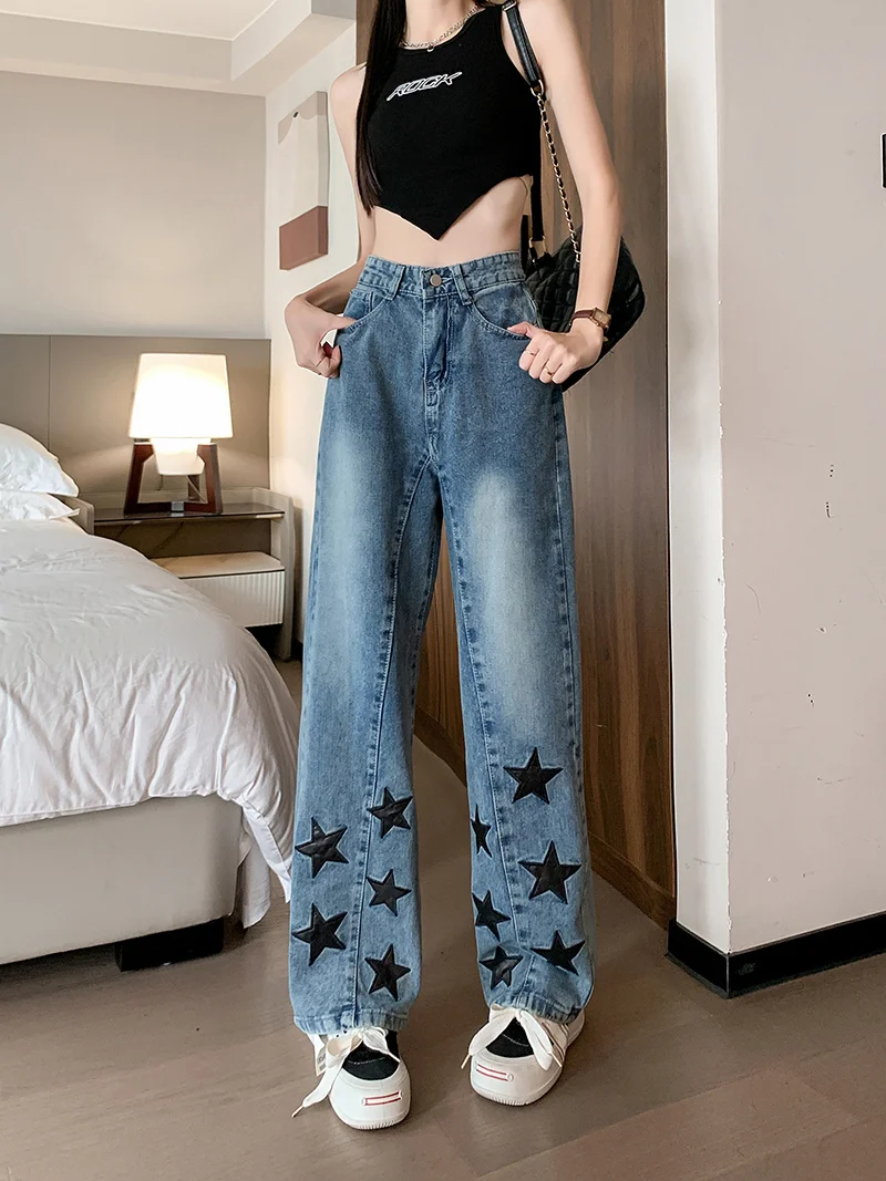 

Retro American Star Jean Women Korean Fashion High-waisted Demin Pants Female Y2k Blue Grunge Wide Leg Streetwear Trouser 2023