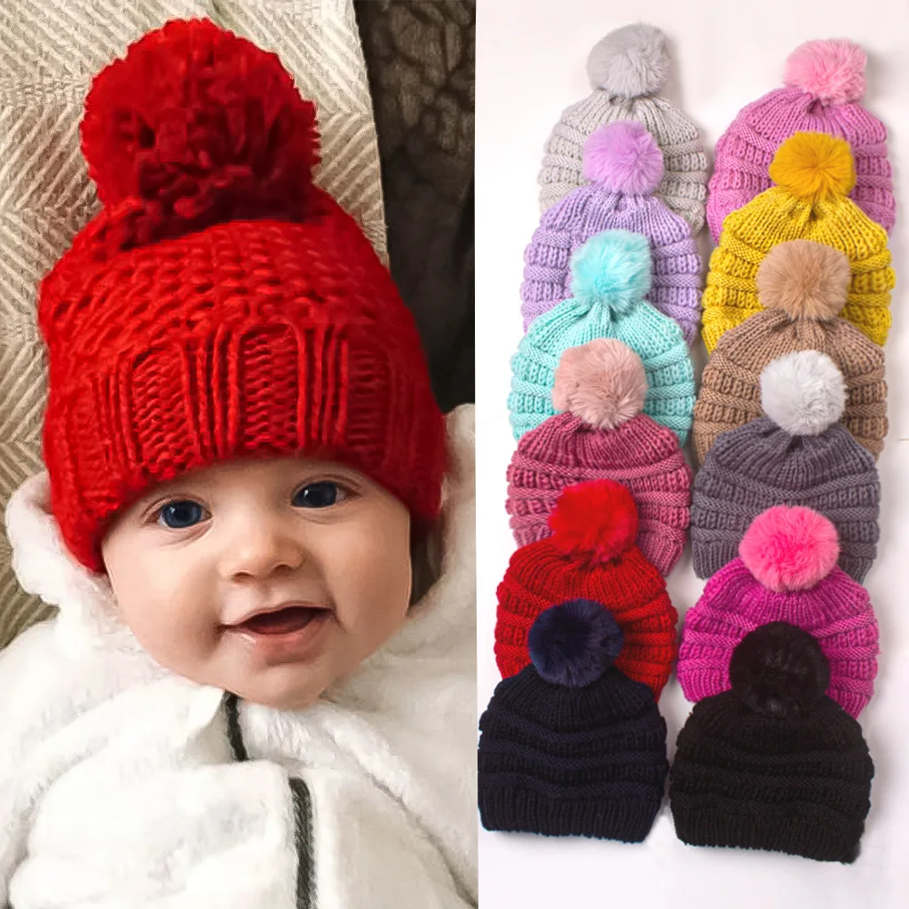 M439 Autumn Winter Infant Baby Kids Knitted Hat Wool Ball Candy Color Caps Children Hats Beanies