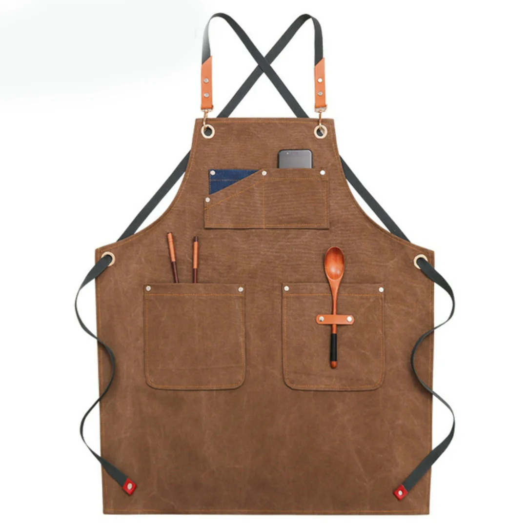 

New Durable Home Clean Work Aprons with Tool Pockets Adjustable Cross Back Straps Unisex Canvas Apron Barber Baker Overalls