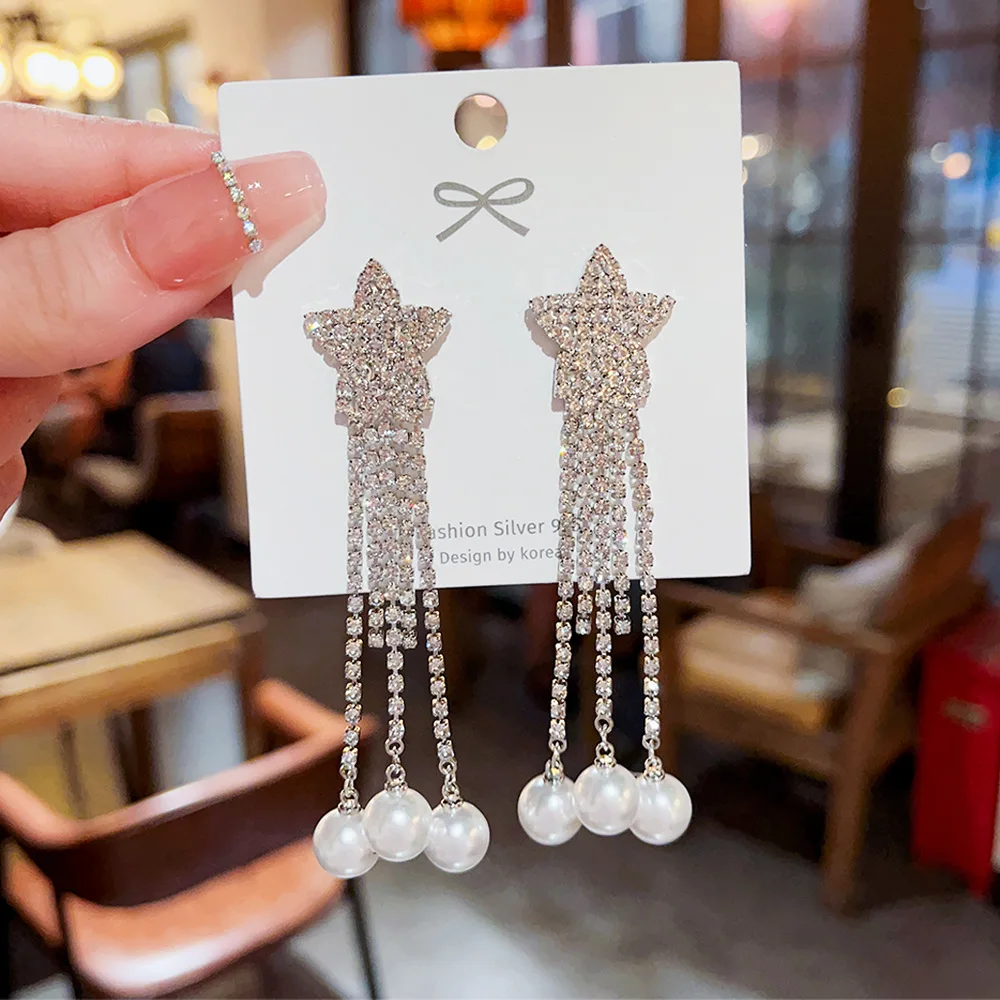 

Goddess Temperament Tassel Pearl Earring with High End Diamond Super Sparkling Pendant Light Luxury Pentagram Ear Earrings