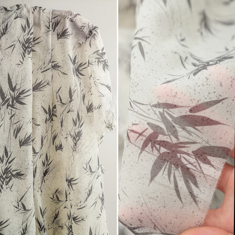 

Fabric Wide145cmx50cmBlack Bamboo Leaves Pattern Printing Dyeing Crumpled Fashion National Style DIY Shirt Dress Summer Clothing