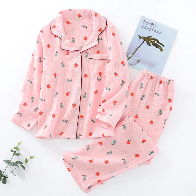 

Women's Cotton Crepe Long-sleeved Trousers Home Service Thin Section Loose Washed Cloth Pajamas Sleep Pants Loungewear 2 Sets