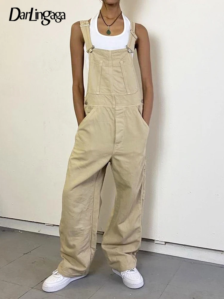

Darlingaga Streetwear Khaki Cargo Pants Suspender Strap Overalls Casual Loose Long Jumpsuit Pockets Adjustable Baggy Outfits New