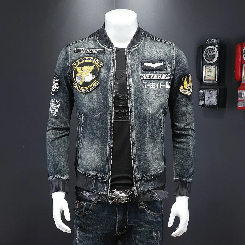 

Men's Fashion Biker Denim Jacket With Embroidery Patches Hi Street Bomber Jeans Coat Outerwear High Quality Washed Blue