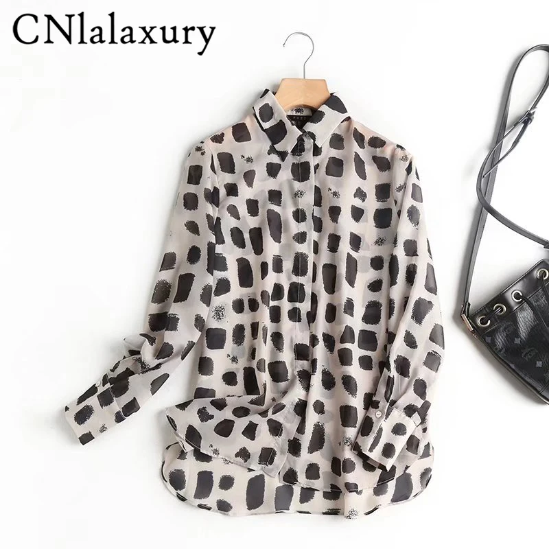 

CNlalaxury 2022Summer Woman Speckled Print Shirt Long Sleeves Half Perspective Chic Blouse Office Lady Vintage Top Female Blusas