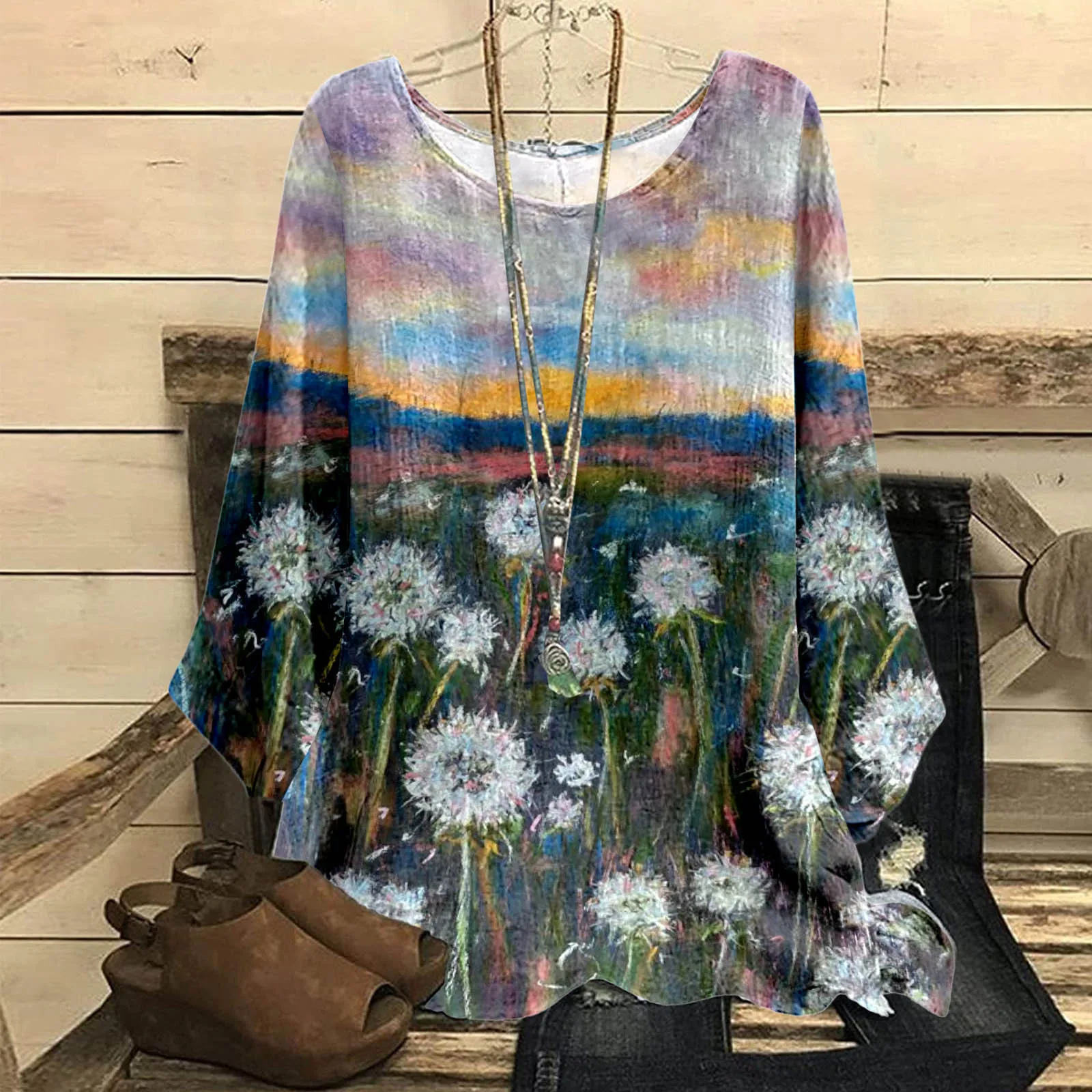 

Женская винтажная туника из смеси хлопка, с круглым вырезом и коротким рукавом