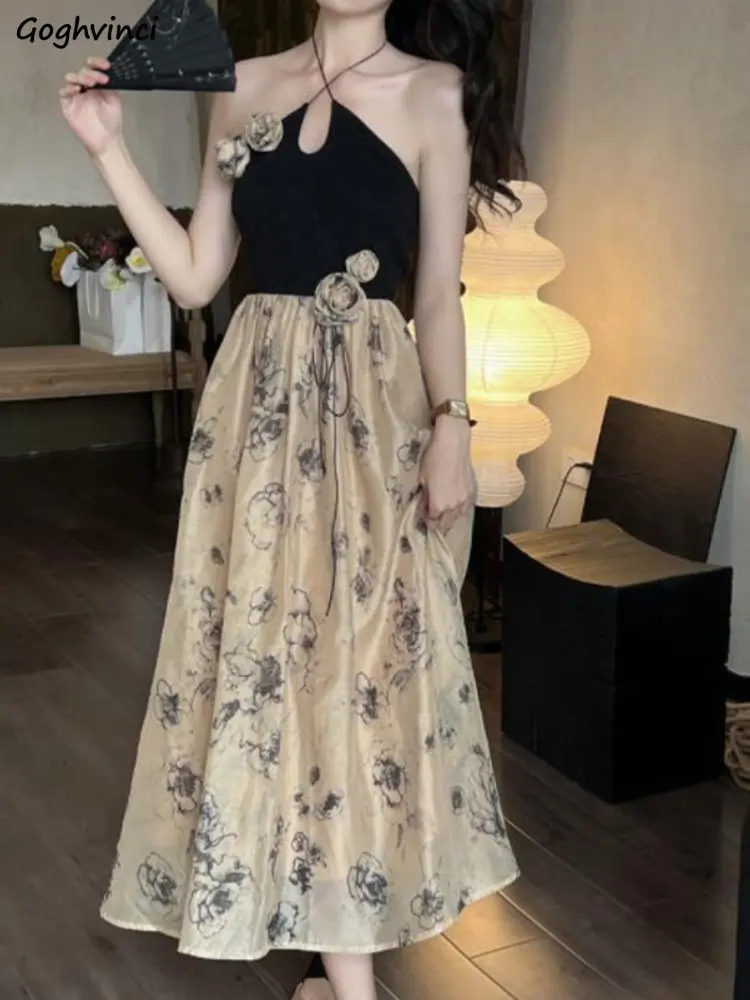 

Женское винтажное платье без рукавов, тонкое платье с цветочной аппликацией, до середины икры, с лямкой на шее, в стиле ретро, на лето