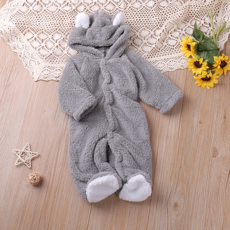 

2023 New Autumn Winter Furry Bodysuit Hooded Baby Boy Clothes For Newborn One Piece Romper Baby Girls Clothes
