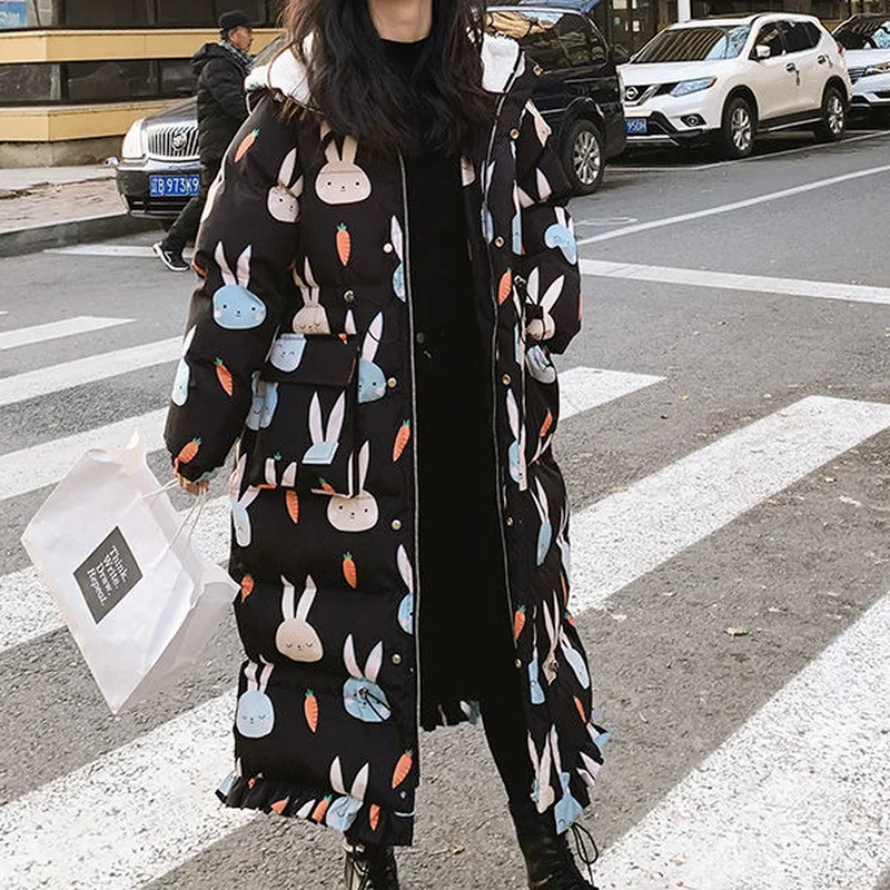 Women's New Over-the-knee Korean Loose Mid-length Thick Fishtail Cotton-padded Jacket Cute Rabbit Ears Cotton-padded Jacket