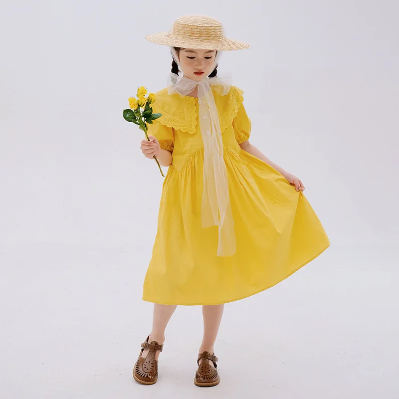 

Girls Summer Dress Yellow Puff Sleeve Lace Turn-down Collar Princess Dresses for Teenage Girls Casual Long Dress Kids Clothes