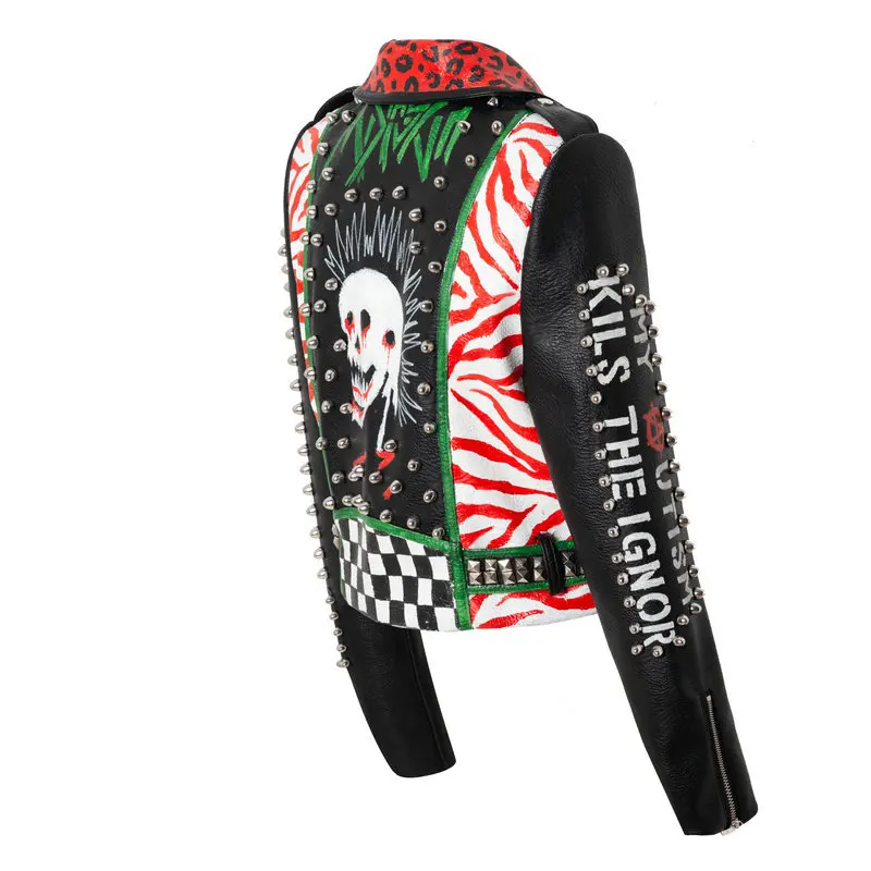 Punk Studded Leather Jacket Women 2023 Trend Slim-fit Short Fashion Streetwear Contrast Printed Faux Leather Biker Jacket