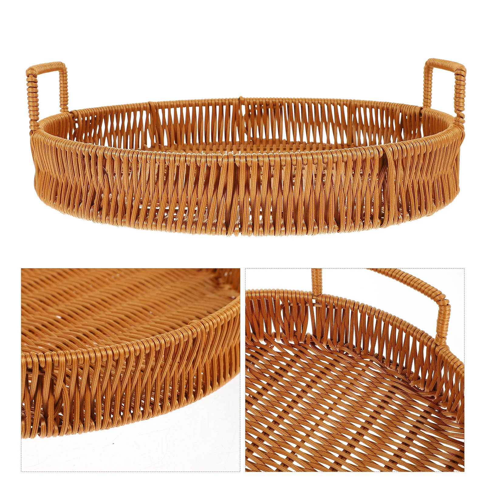 

Tray Rattan Round Serving Storage Wicker Handles Basket Bread Woven Fruit Platter Plate Countertop