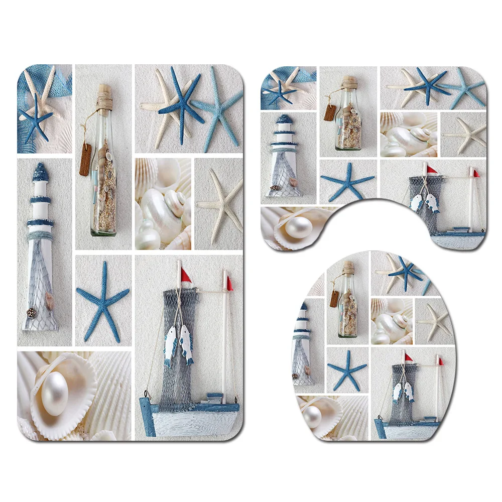 creative beach starfish plaid home decor bathroom toilet cover sets waterproof shower curtain home textile mats carpet suits free global shipping