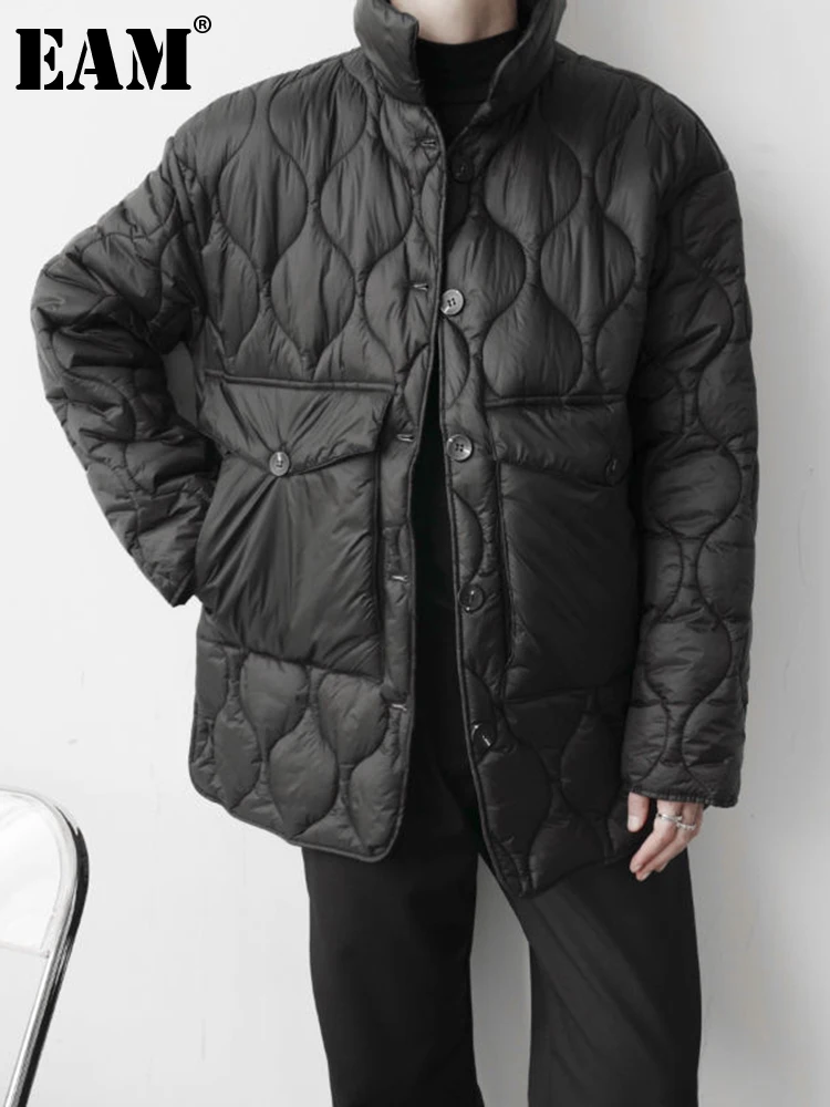 

[EAM] Black Warm Big Size Cotton-padded Coat Long Sleeve Loose Fit Women Parkas Fashion Tide New Autumn Winter 2022 1DF0911