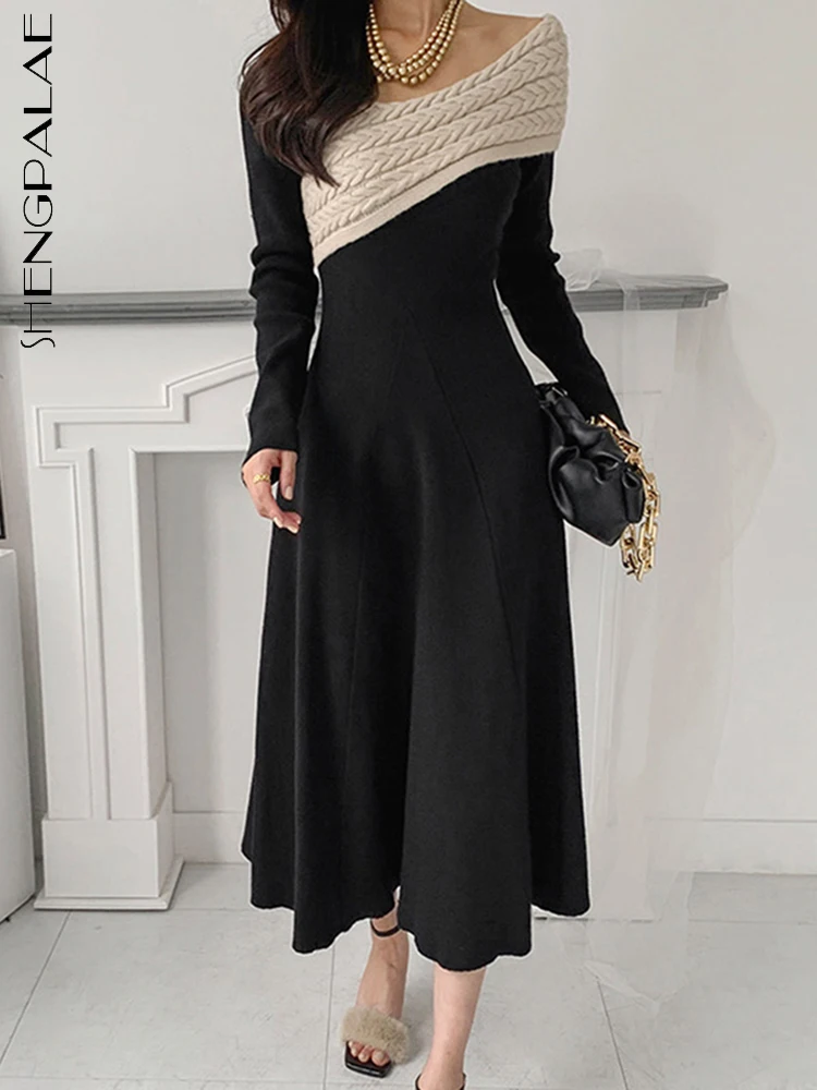 

SHENGPALAE Irregular Collar Knit Spliced Dress For Women Fashion Contrast Color Niche Design Vestido Autumn 2023 New Tide 5R5590