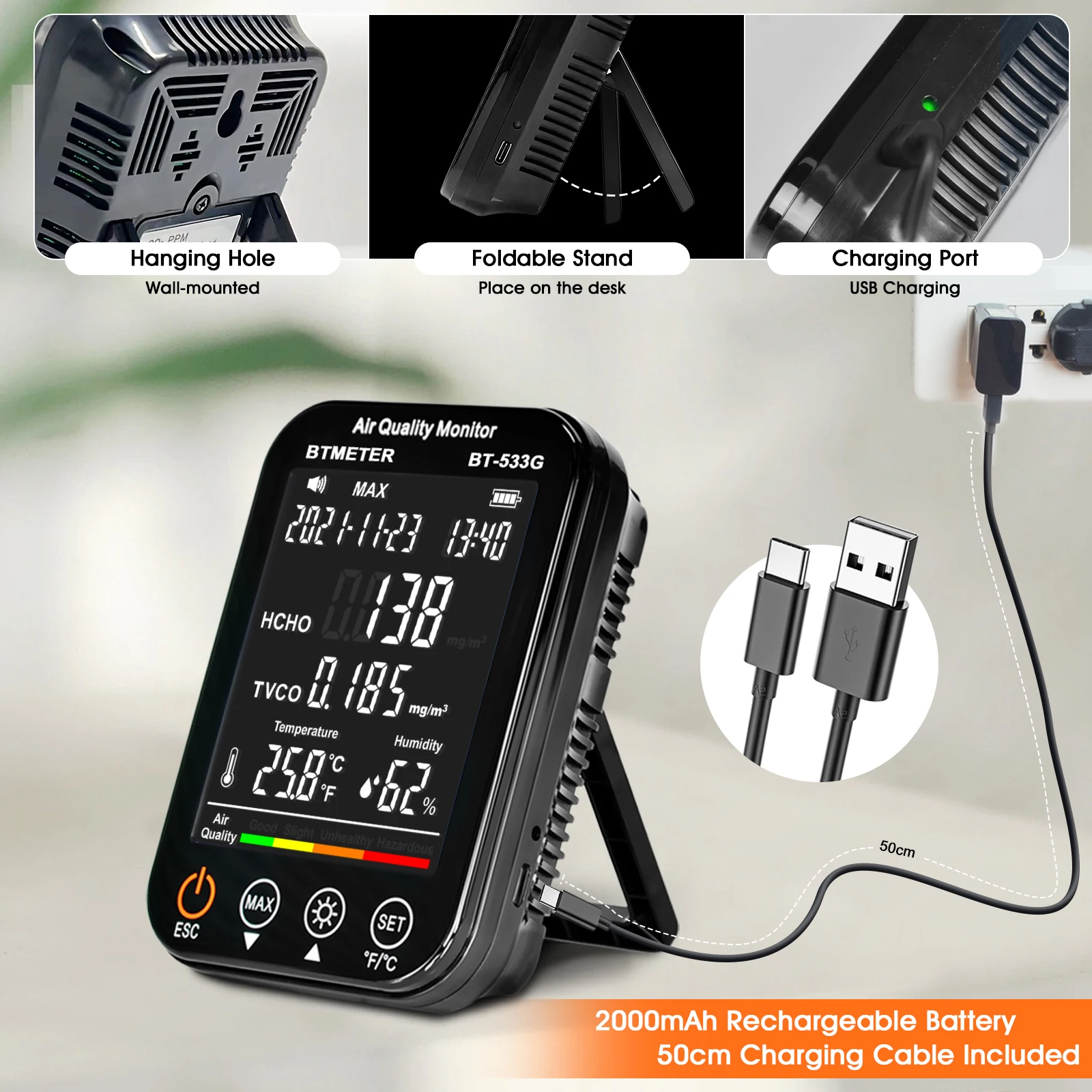 Фото BTMETER 4-в-1 для помещений, монитор качества воздуха, формальдегидный HCHO/детектор TVOC точный тестер, профессиональный для домашнего использования №5