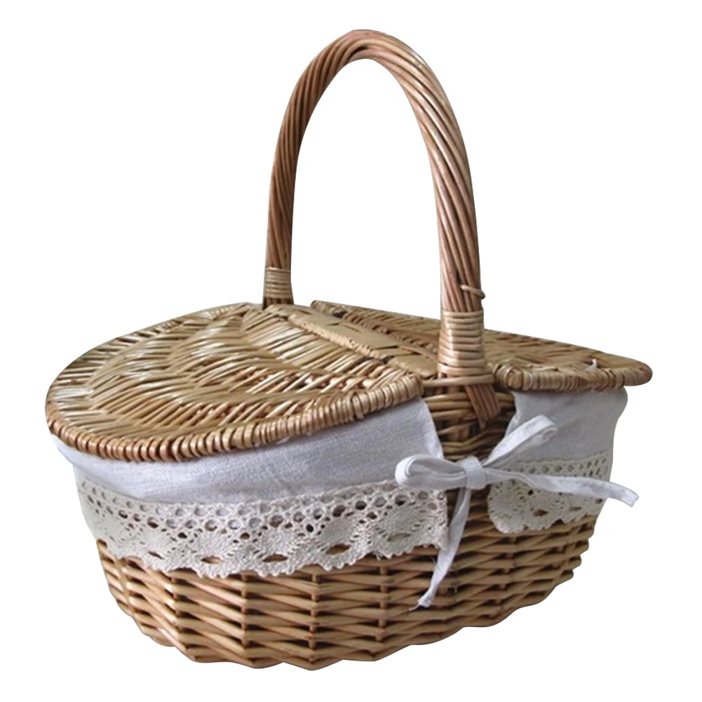 

Outdoor Picnic Basket Country Style Woven Wicker Basket with Handle and Double Lids Food Fruit Storage Basket Kitchen Organizer