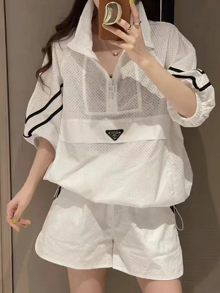 

High Quality Fashion Women Sweat Suit Set Thin Long Sleeve 2023 Summer Sunscreen Coat Top and Shorts Two Piece Set White Outfits